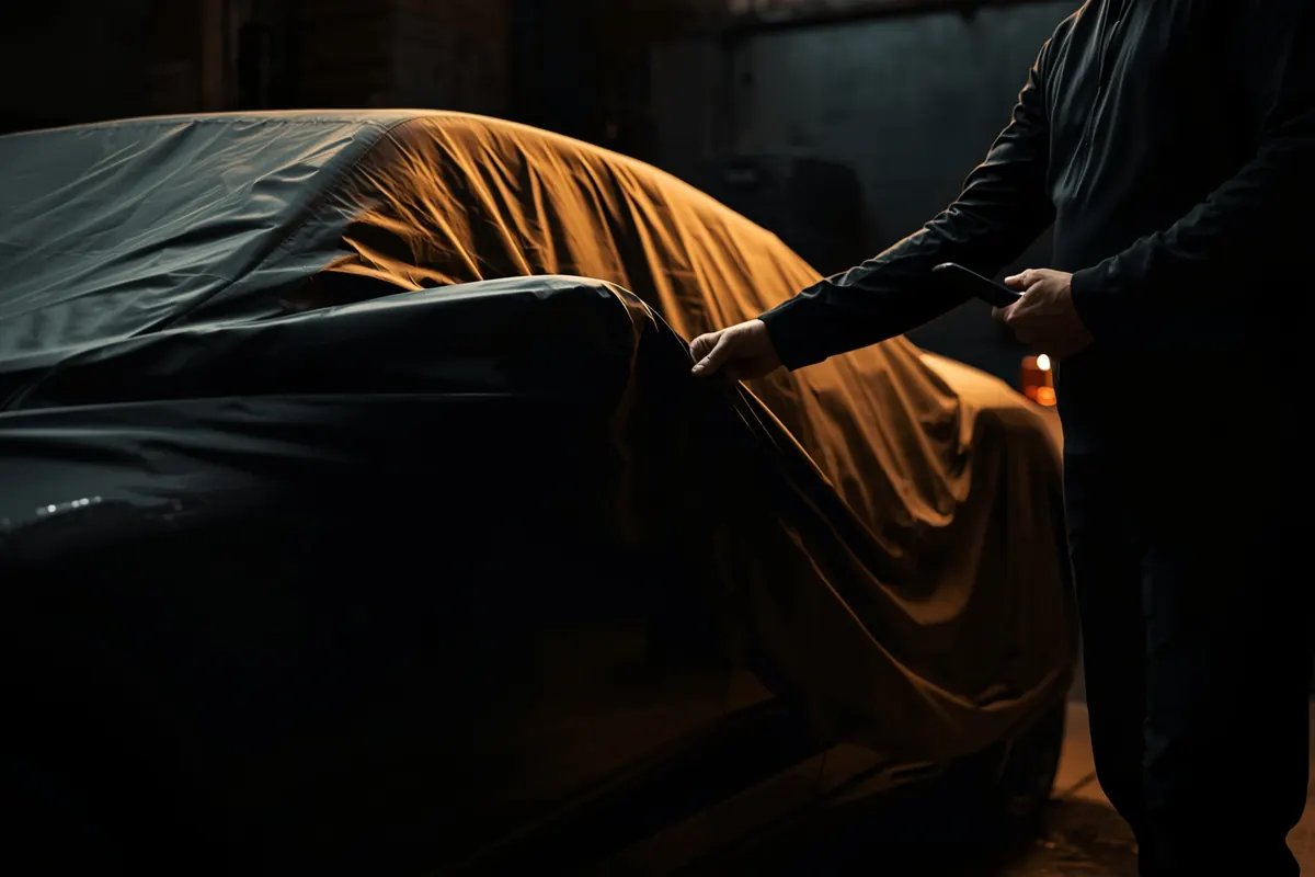 A salesperson lifting the cover off a newly arrived car in the workshop
