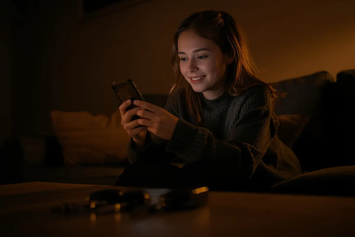 A young woman on her couch at night, car keys on the table, reading a reply on her phone