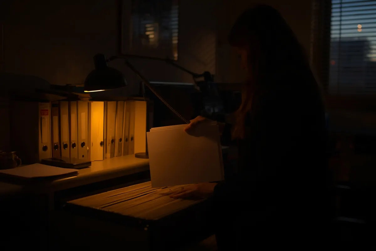 An admissions officer filing a folder at dusk, phone in hand