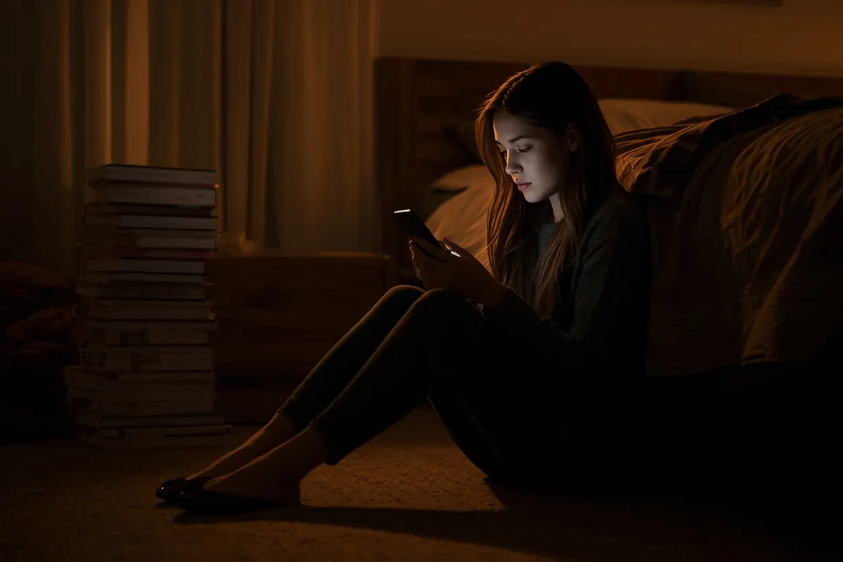 A student sitting on her bedroom floor at night, reading a reply on her phone