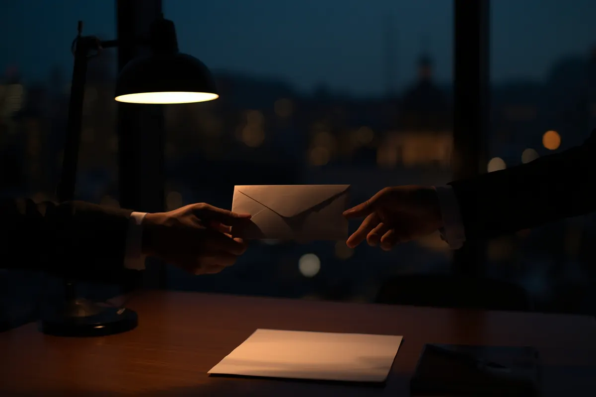 A client handing a sealed envelope to a mortgage broker across a desk at dusk