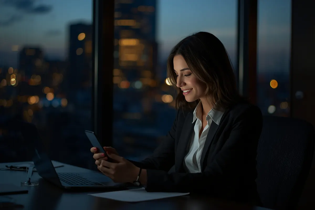 A mortgage broker at her desk at dusk, reading a message on her phone