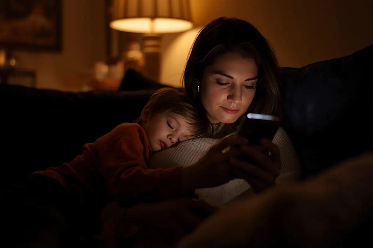 A mother on the sofa in the evening, her toddler asleep on her shoulder, reading a reply on her phone