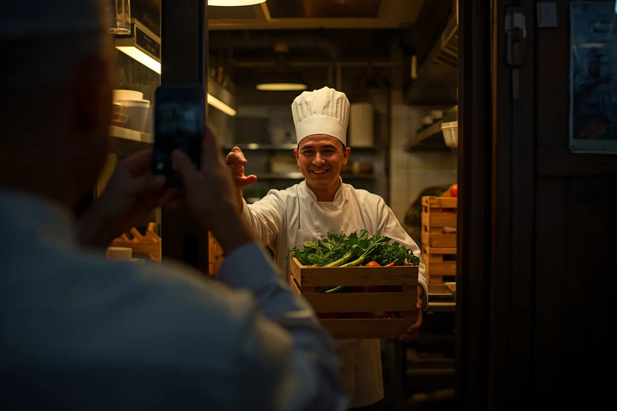 A chef receiving a crate of fresh vegetables at the kitchen door at dawn