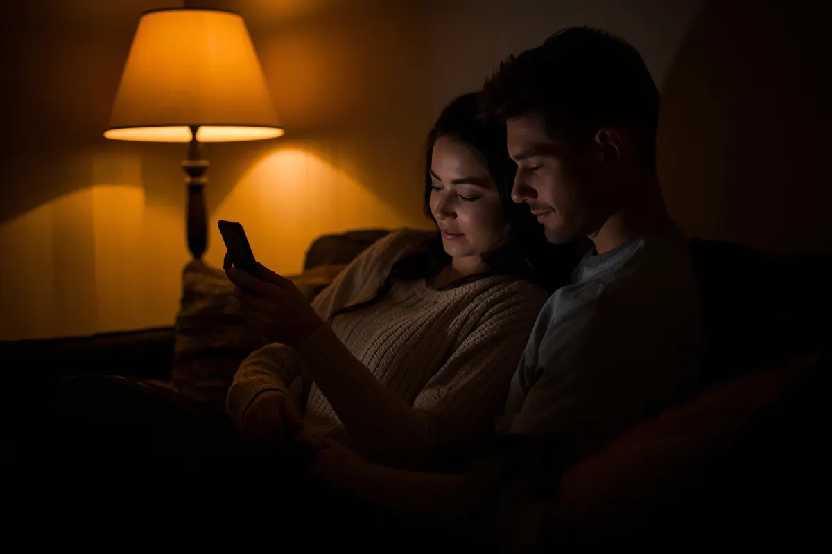 A couple on the sofa in the evening reading a reply about their dinner booking