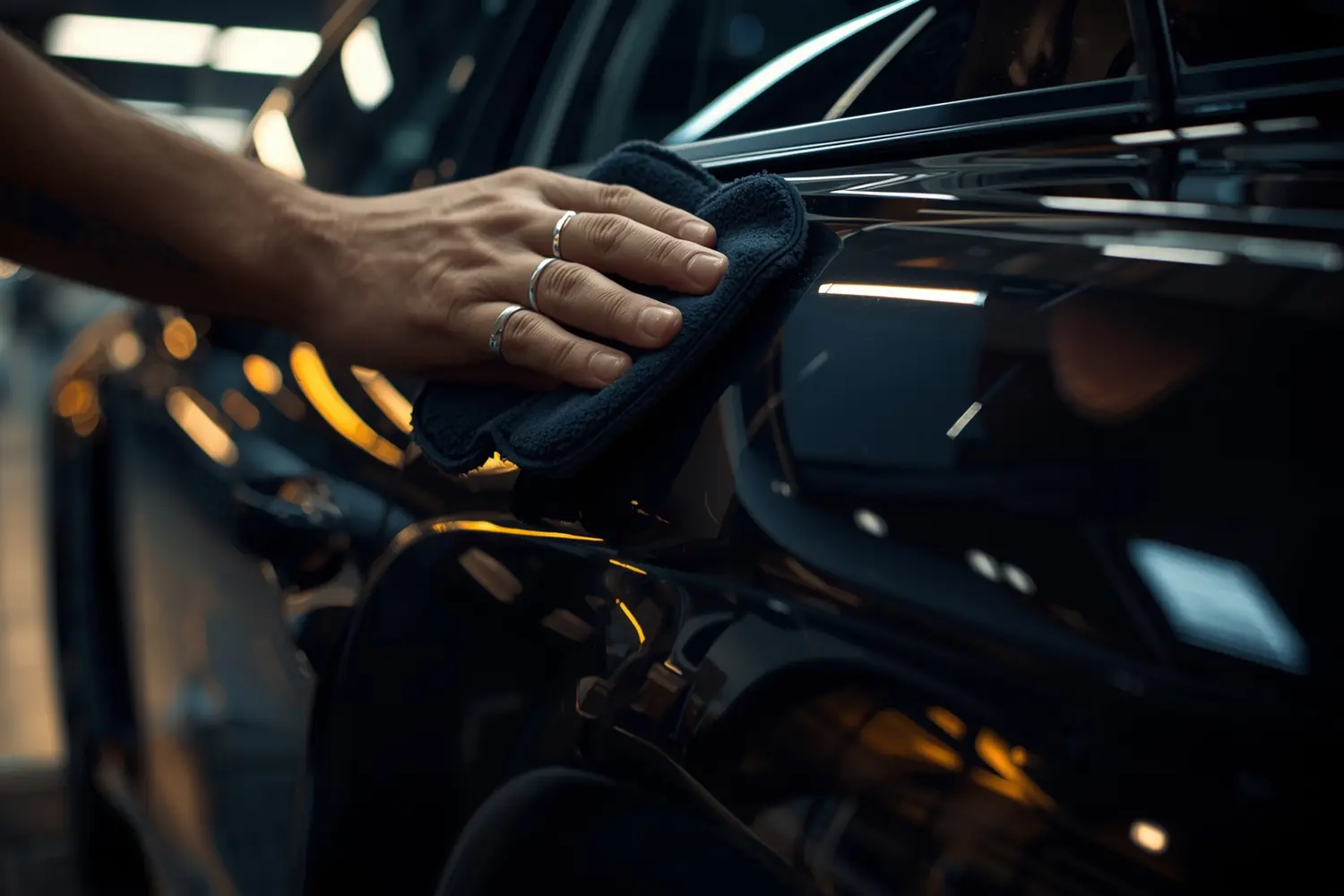 A hand polishing the paintwork of a dark car under showroom lights