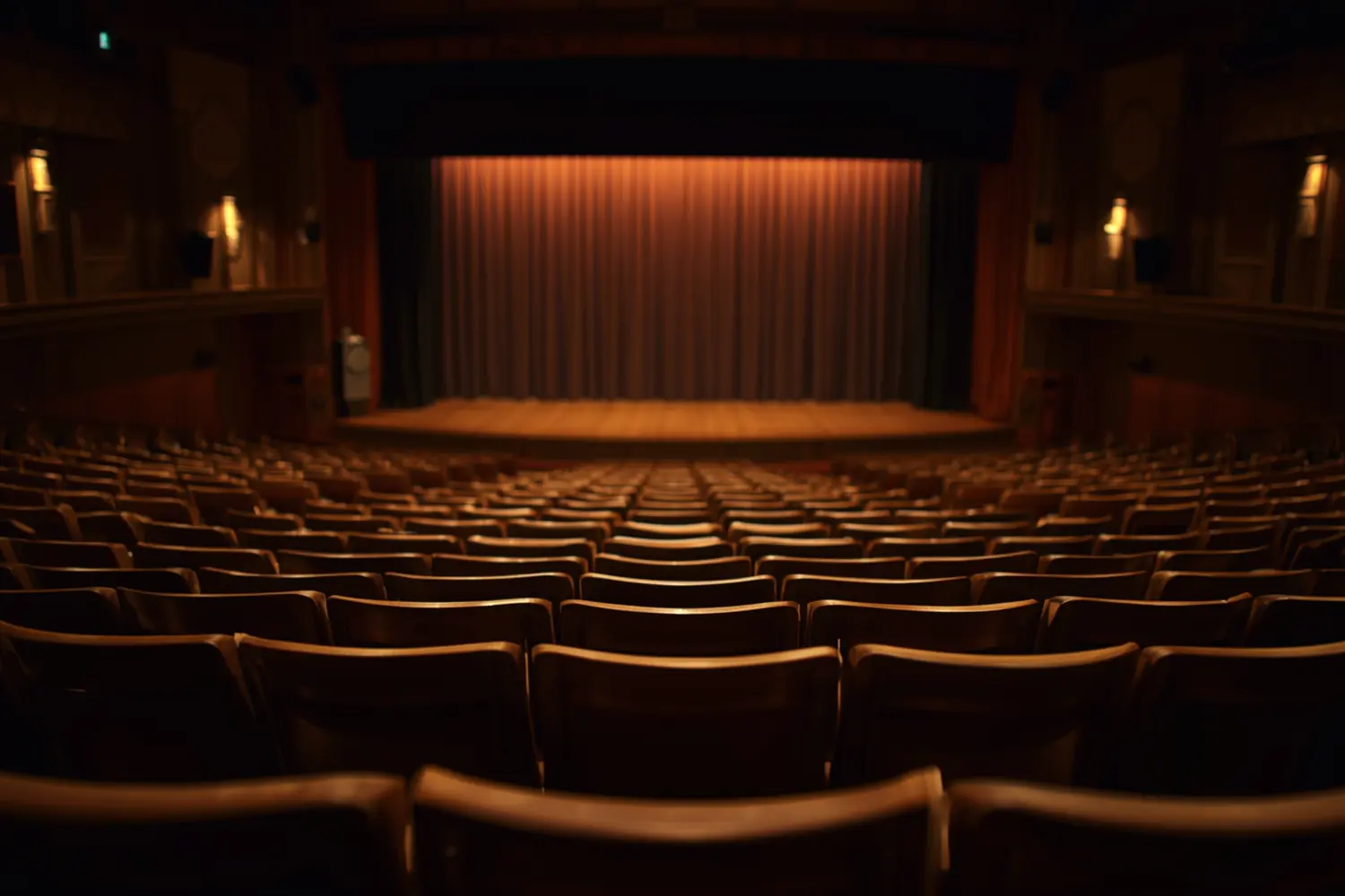 A lecture theatre seen from the back row, the seats empty
