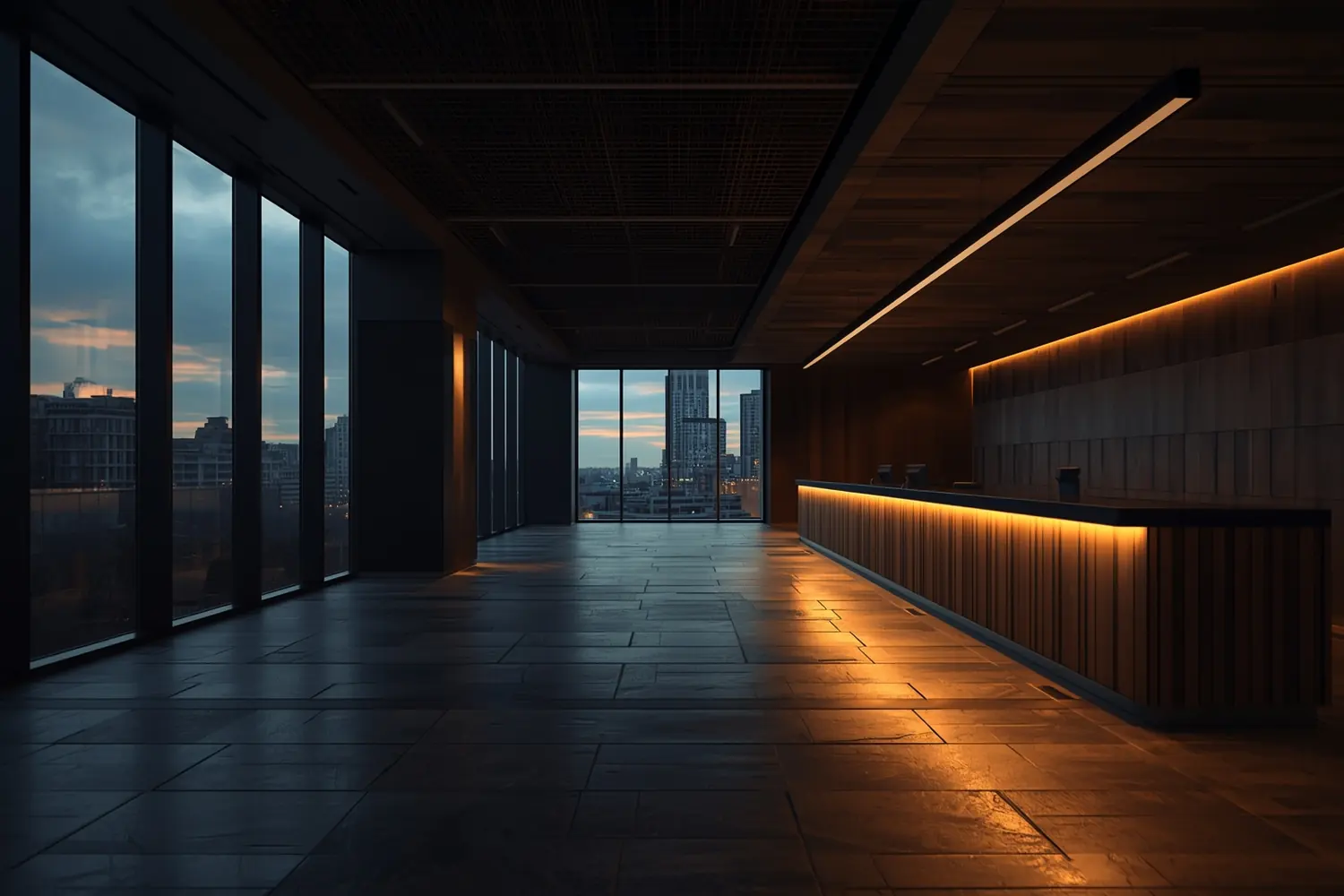 An empty office lobby at dusk with a long timber counter