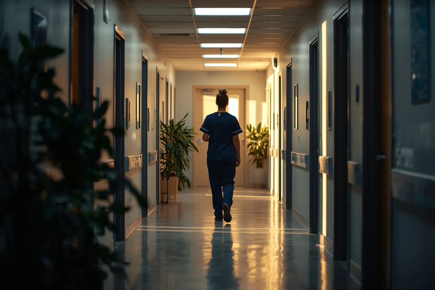 A nurse walking down a bright clinic corridor