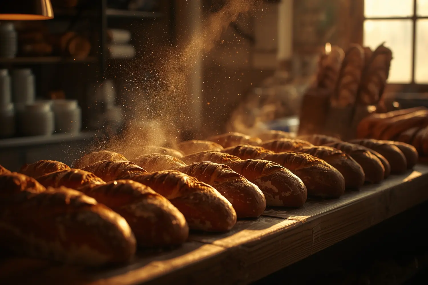 Fresh loaves on a bakery counter at dawn, flour in the air