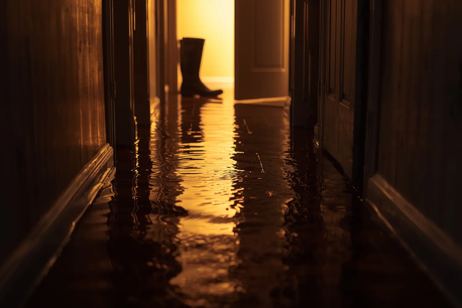 Water across the floorboards of a flooded hallway