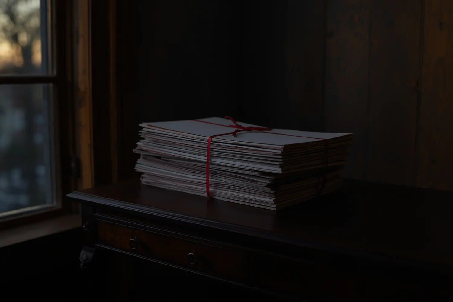 A stack of files tied with red ribbon on a desk by a window at dusk