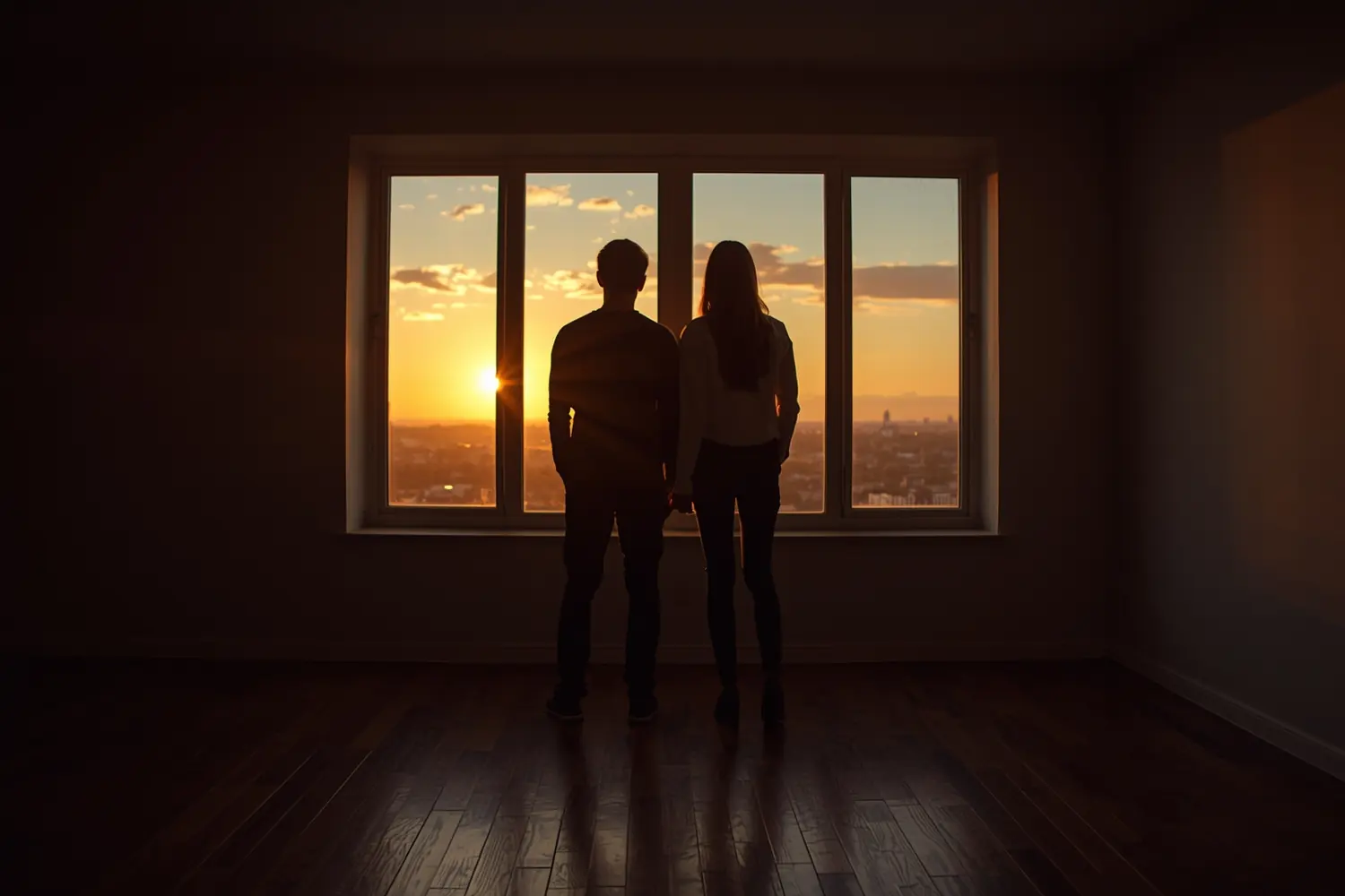A couple looking out of the window of an empty apartment at sunset