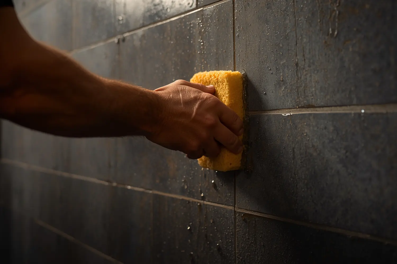 A tiler’s hand smoothing grout between wall tiles with a sponge