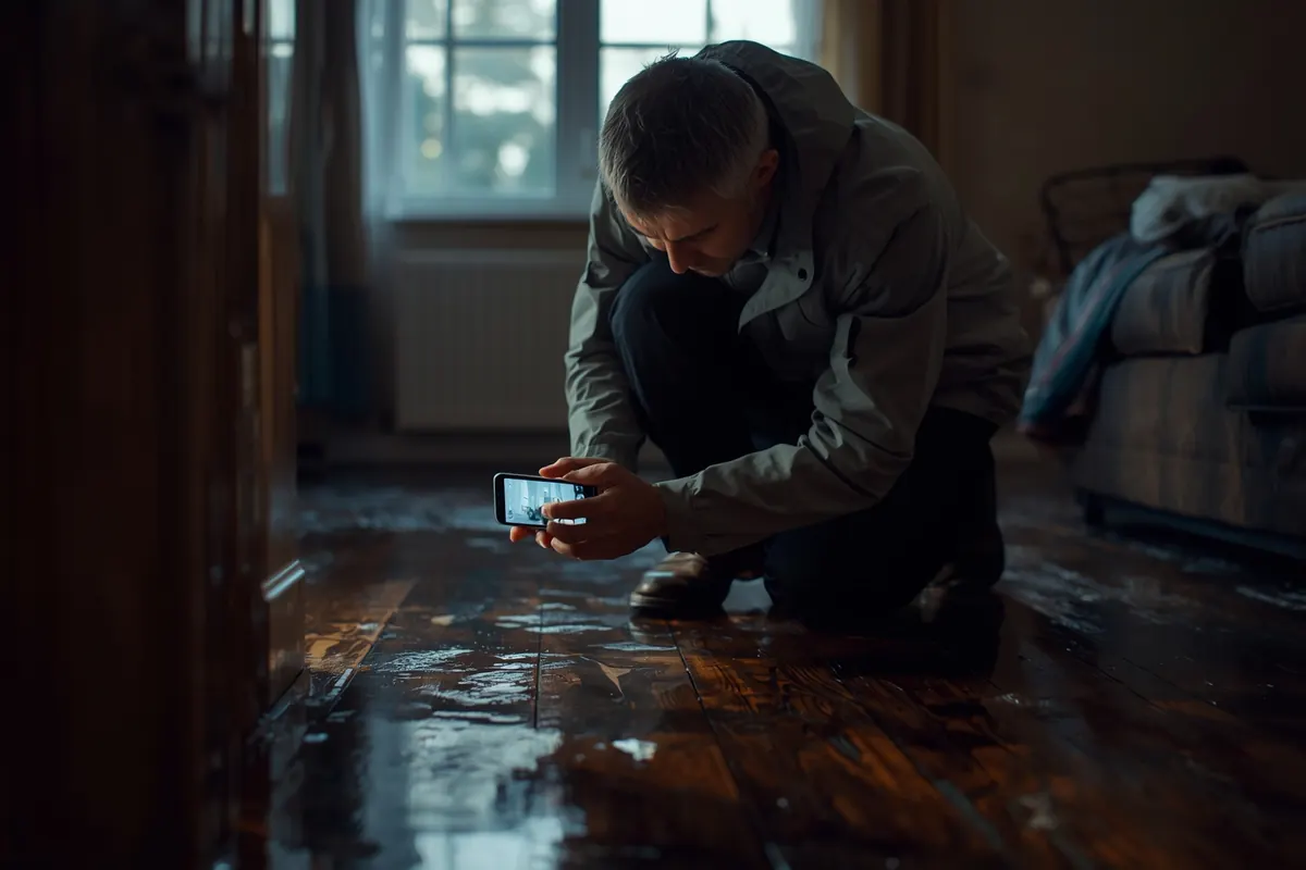 An assessor kneeling to photograph water-damaged floorboards
