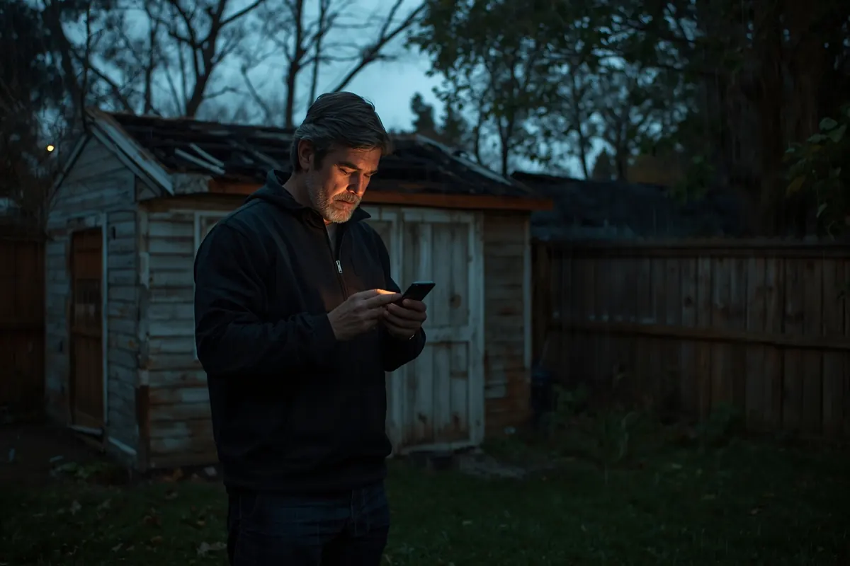 A man in his backyard at dusk beside a storm-damaged shed, reading a reply on his phone