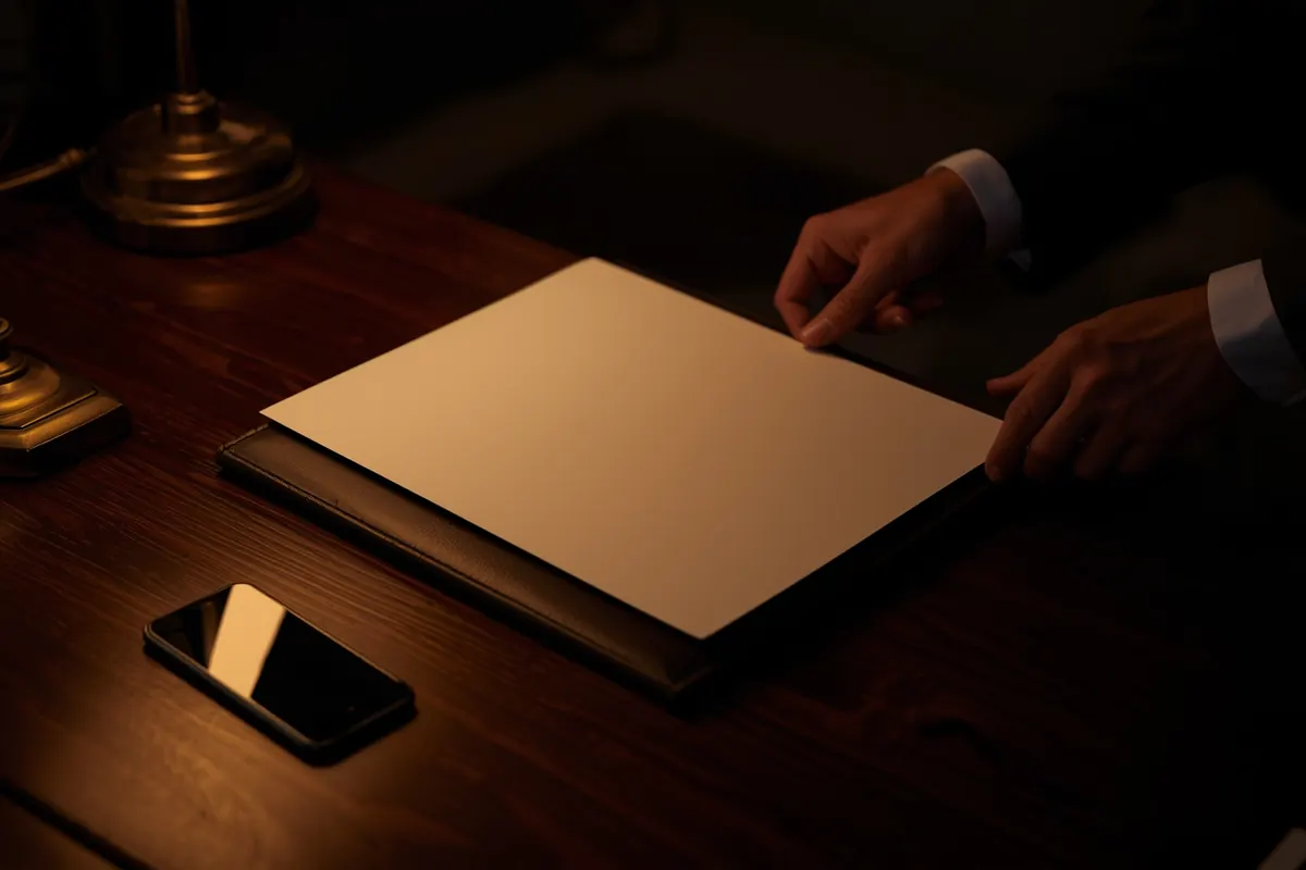 A lawyer’s hands placing a signed page into a leather folder at dusk