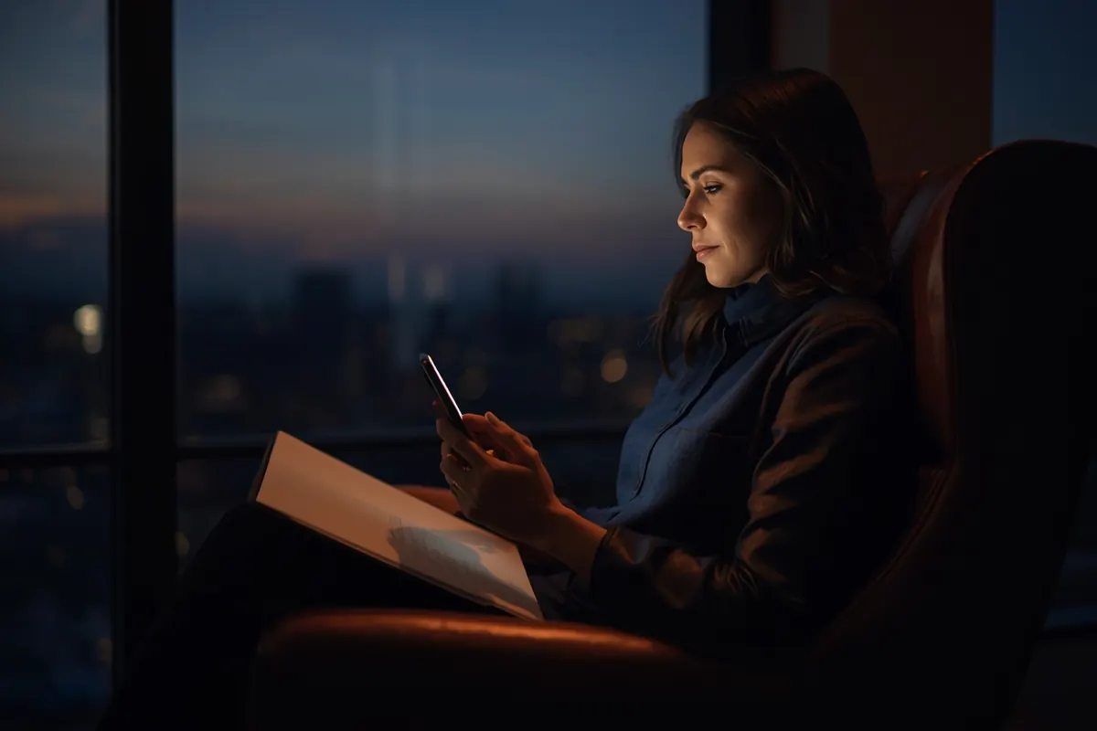 A woman in an armchair by the window at dusk, reading a reply on her phone with a folder on her lap