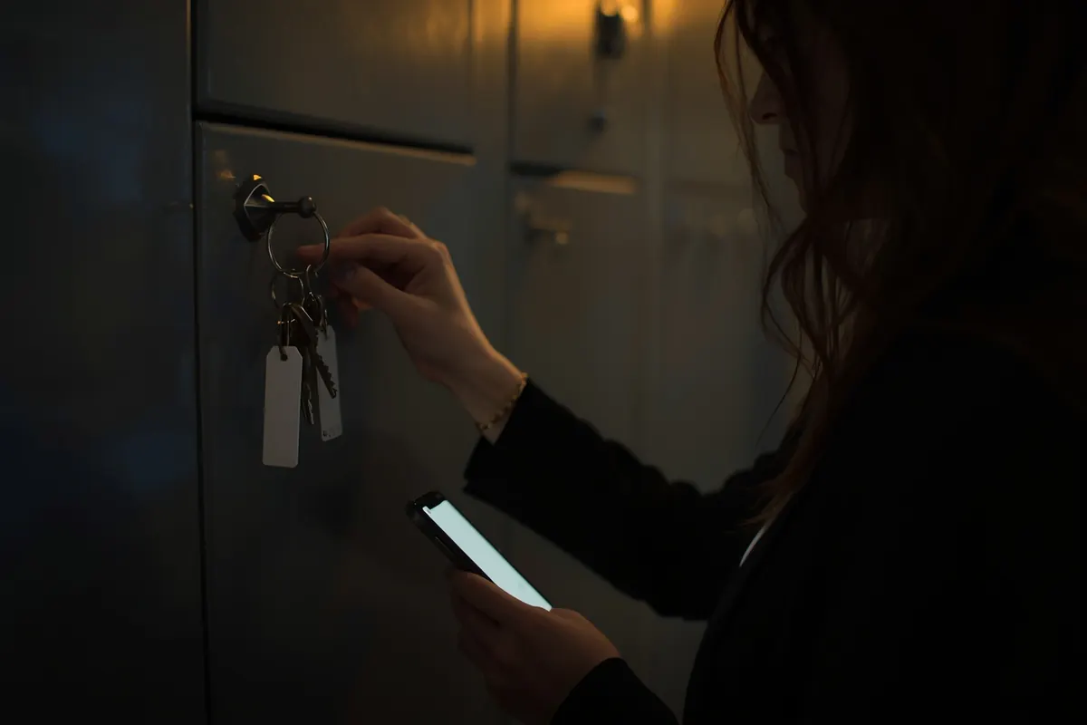 A property manager taking a set of keys from the key cabinet, phone in hand