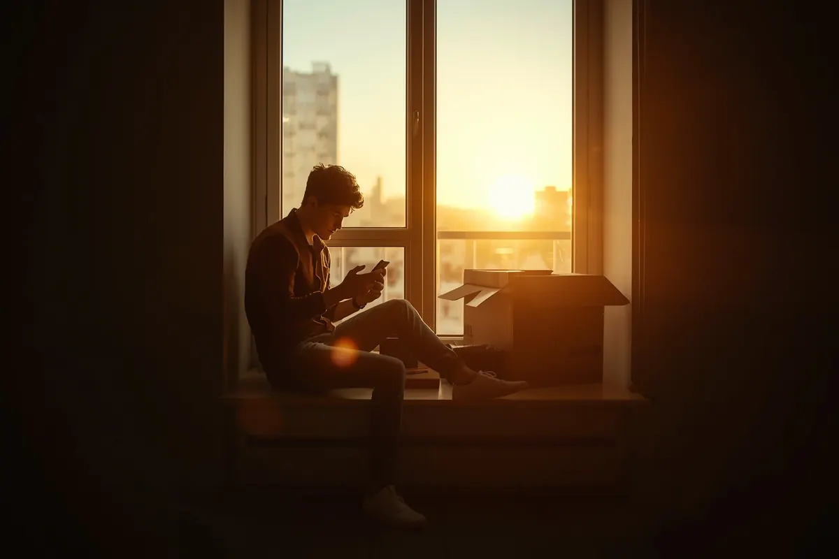 A young man on a window seat in an empty rental apartment at sunset, reading a reply on his phone