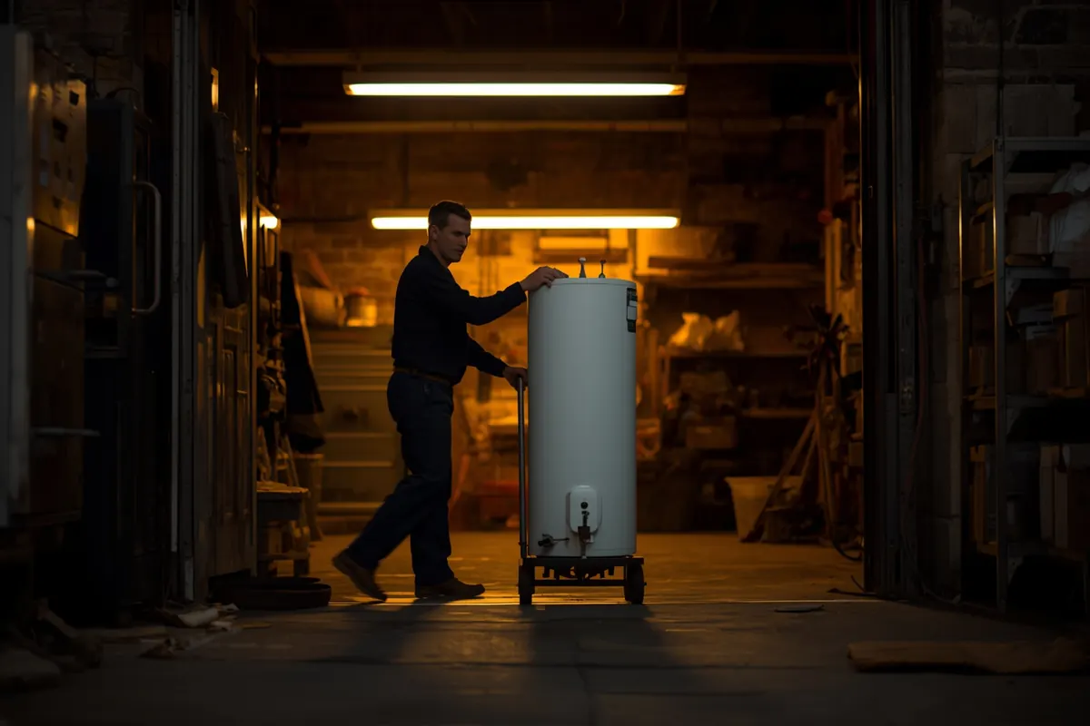 A plumber wheeling a new water heater on a trolley into a workshop at dusk