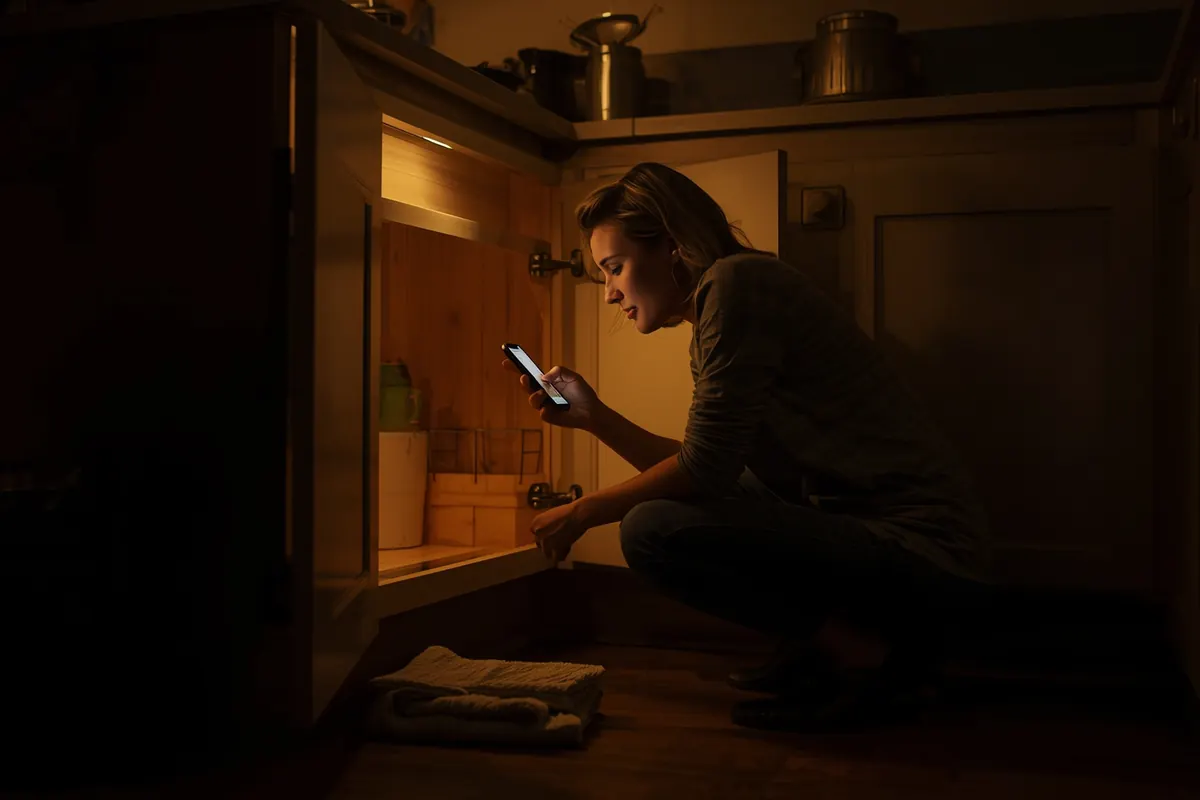 A homeowner crouched by the open cupboard under her kitchen sink in the evening, reading a reply on her phone