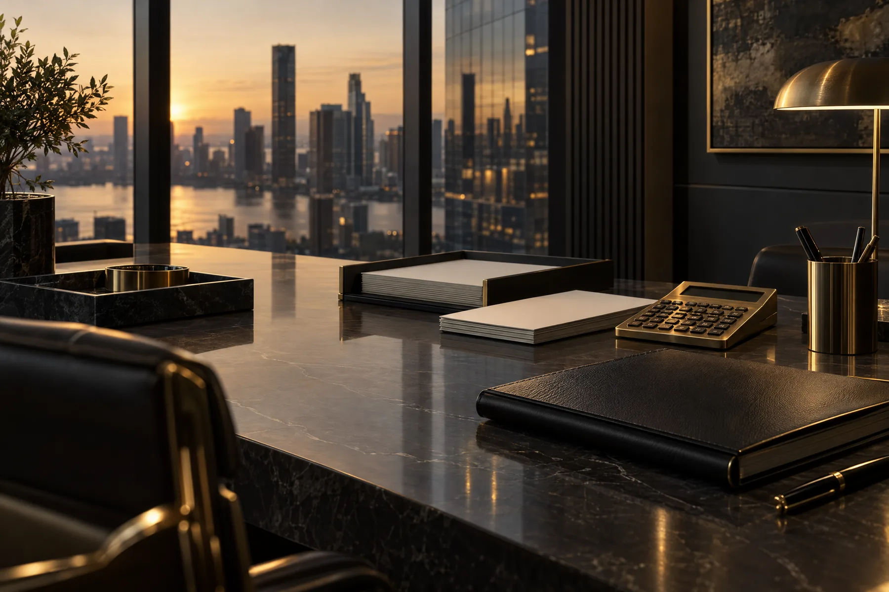 A dark marble desk with a closed folder at sunset, the city behind it