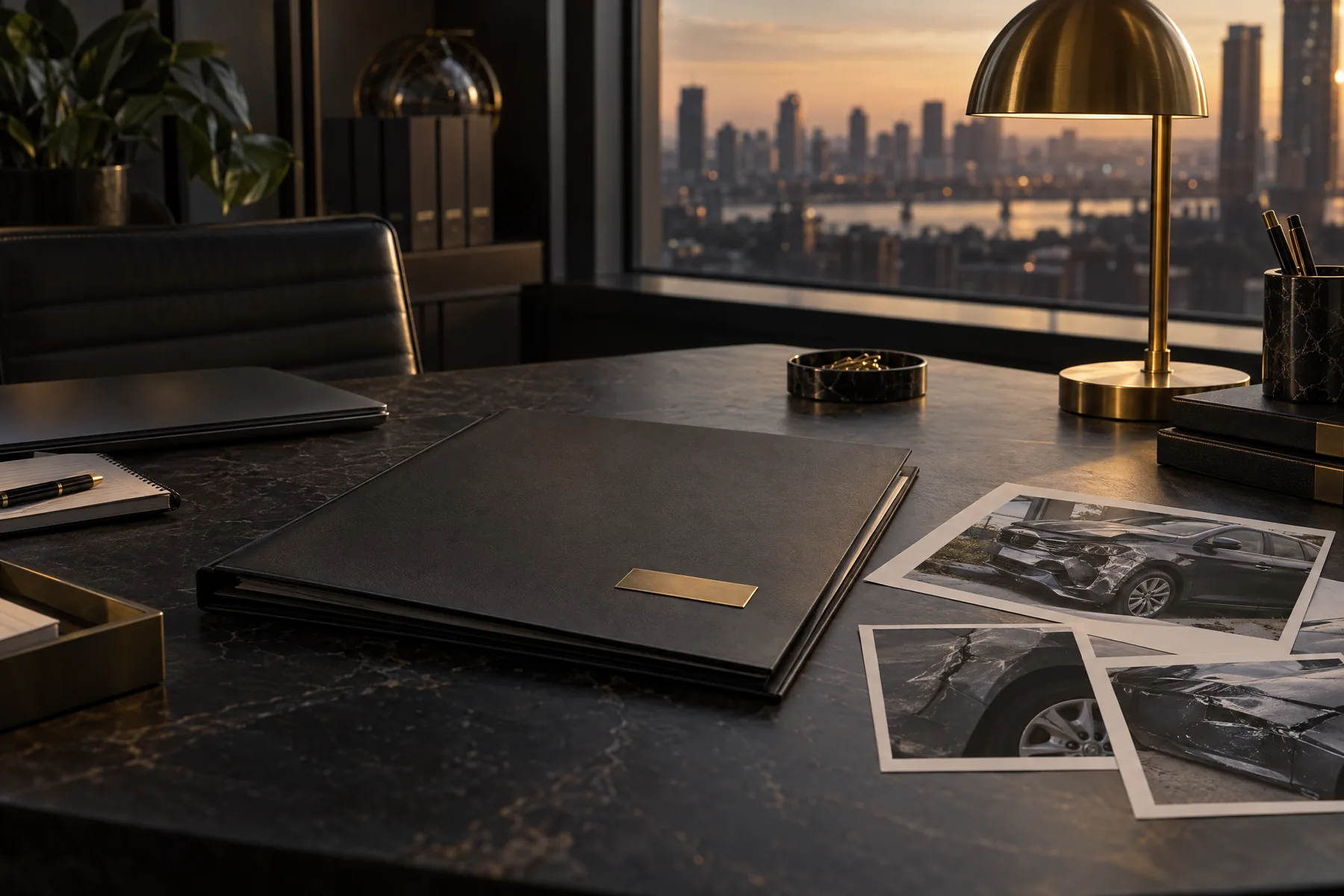 A dark desk with a closed folder and photos of a damaged car