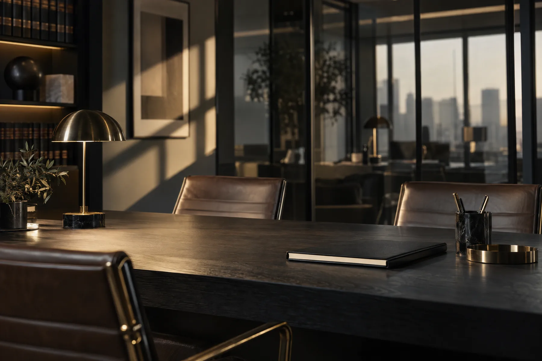 A dark office desk at dusk with the city skyline behind it