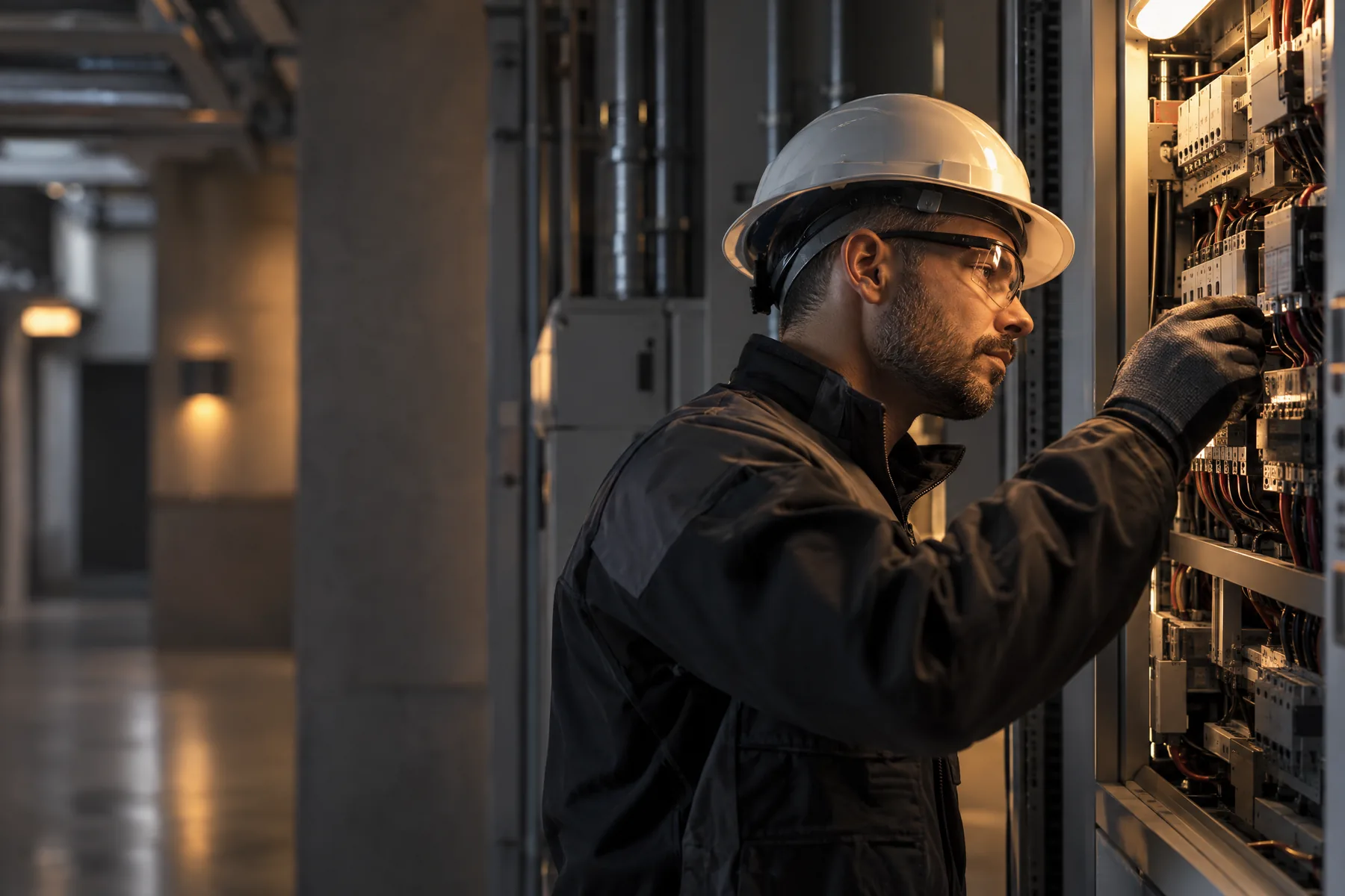 An electrician in a hard hat working on a switchboard in a dim plant room