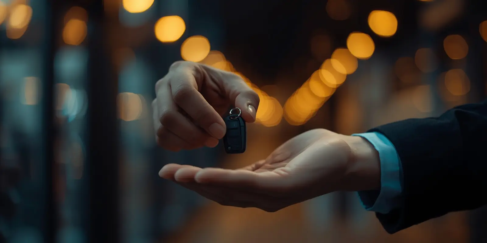 A salesperson passing a car key to a customer in a warmly lit showroom