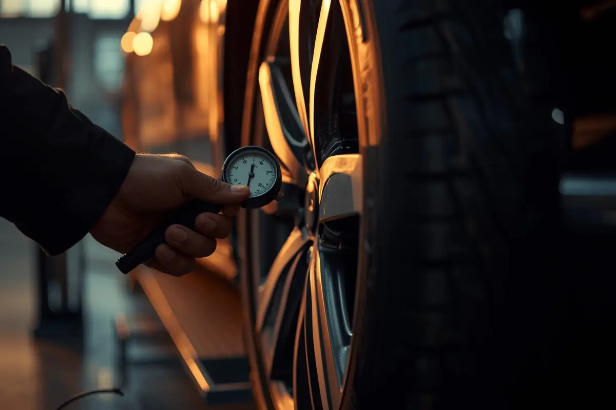 Checking a tyre’s tread with a gauge during a trade-in appraisal
