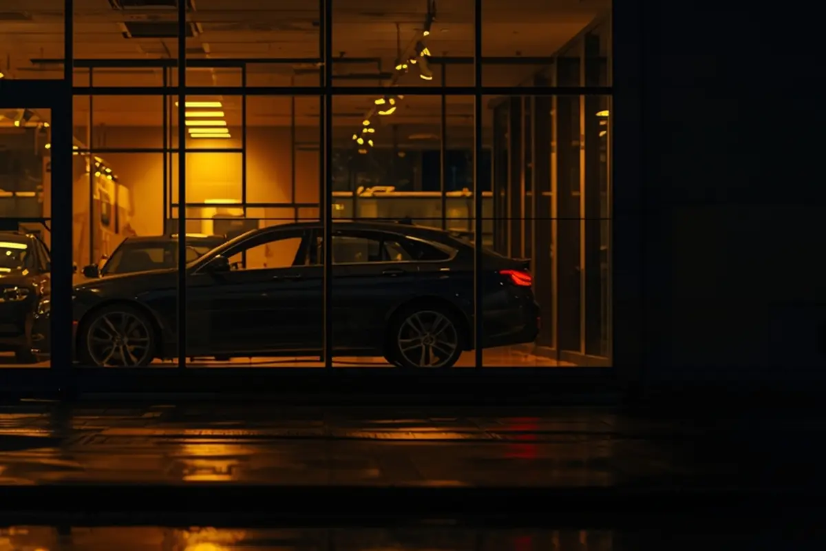 A car showroom at night seen through tall glass windows