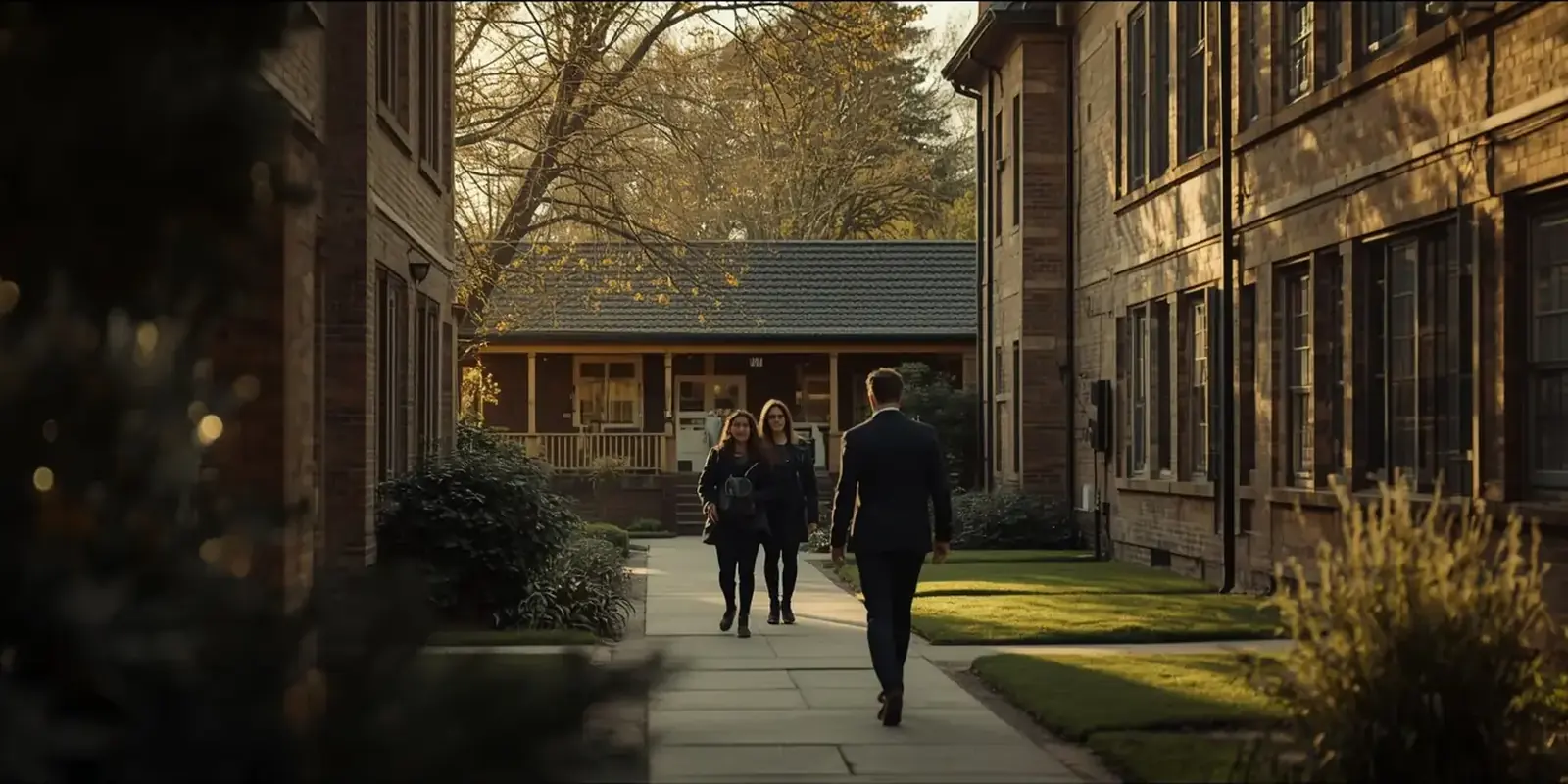 An open-day guide walking prospective students across a campus courtyard