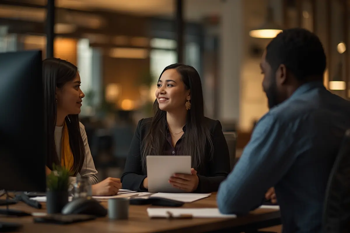 An admissions adviser talking with a student and a parent