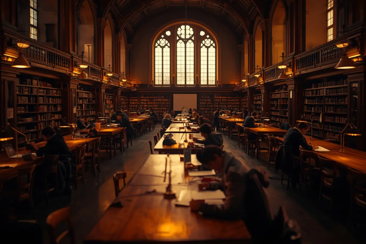 A university library reading room at golden hour