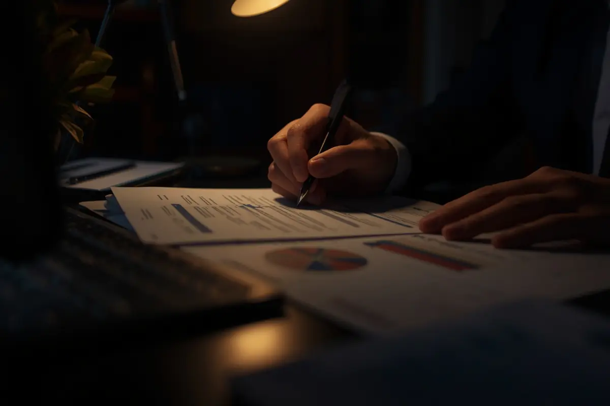An adviser reviewing printed pages with a pen under a desk lamp