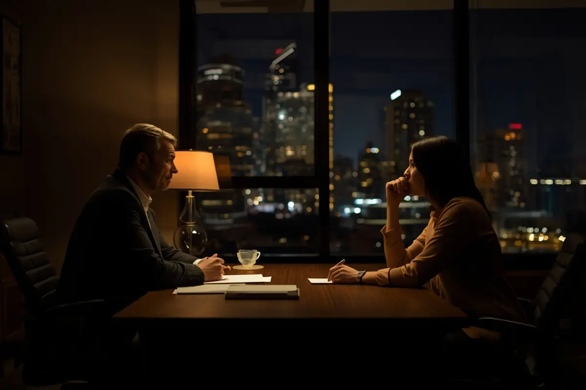 A mortgage broker meeting a client at night, city lights through the window