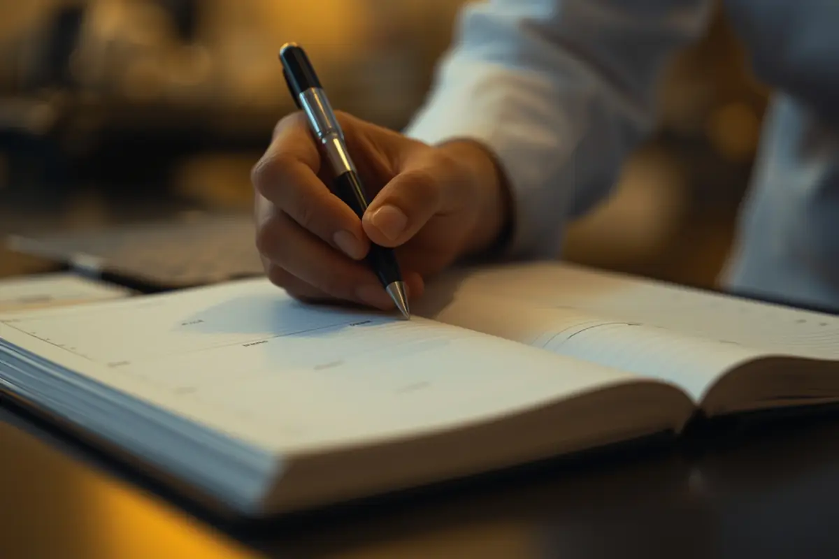 A receptionist’s hand writing in an appointment diary