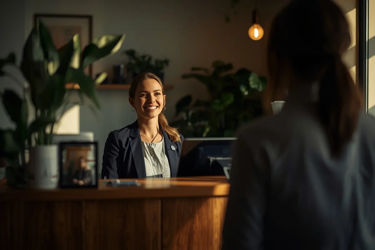 A clinic receptionist smiling at an arriving patient