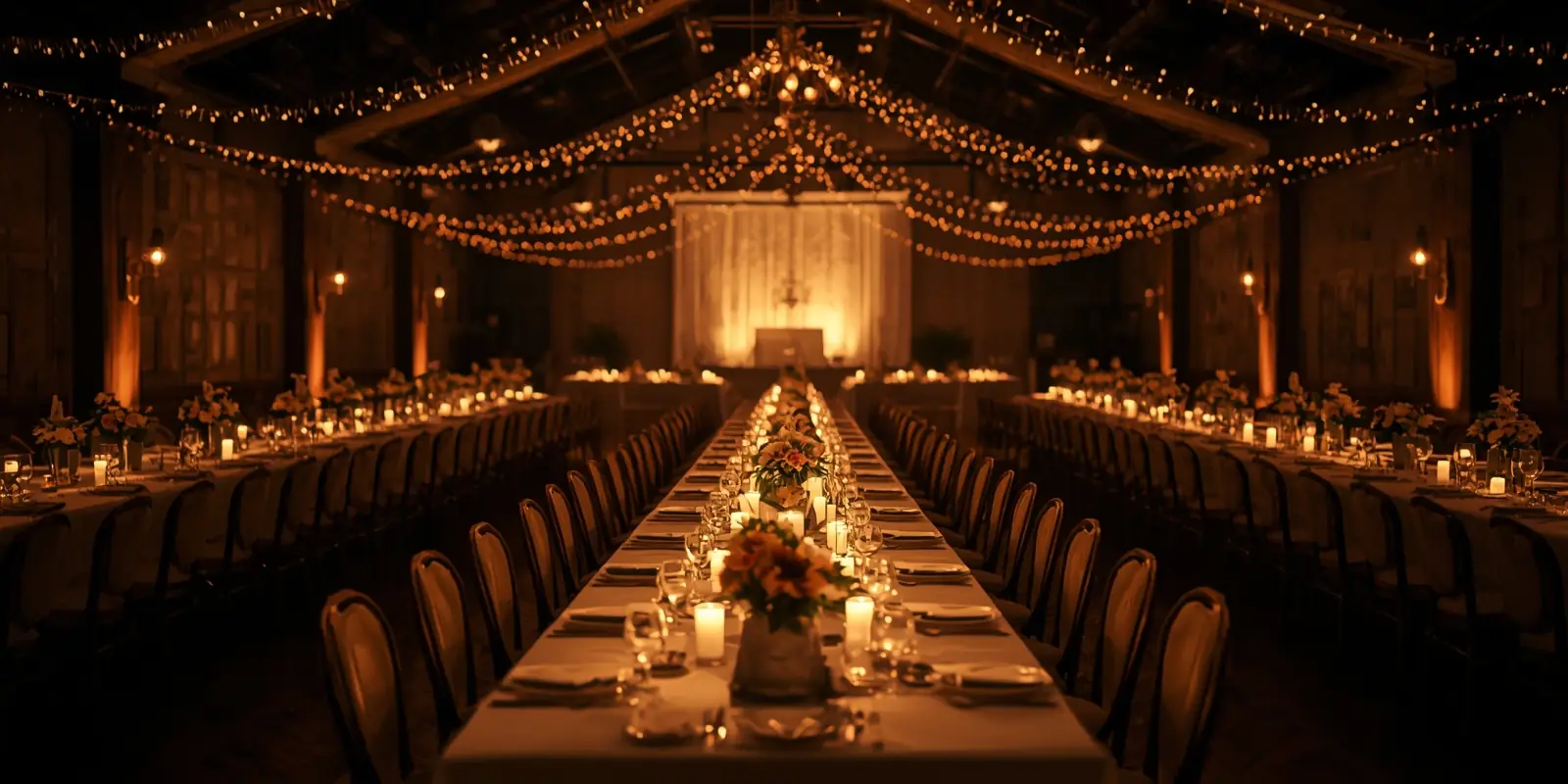 A function room set for a celebration dinner under string lights