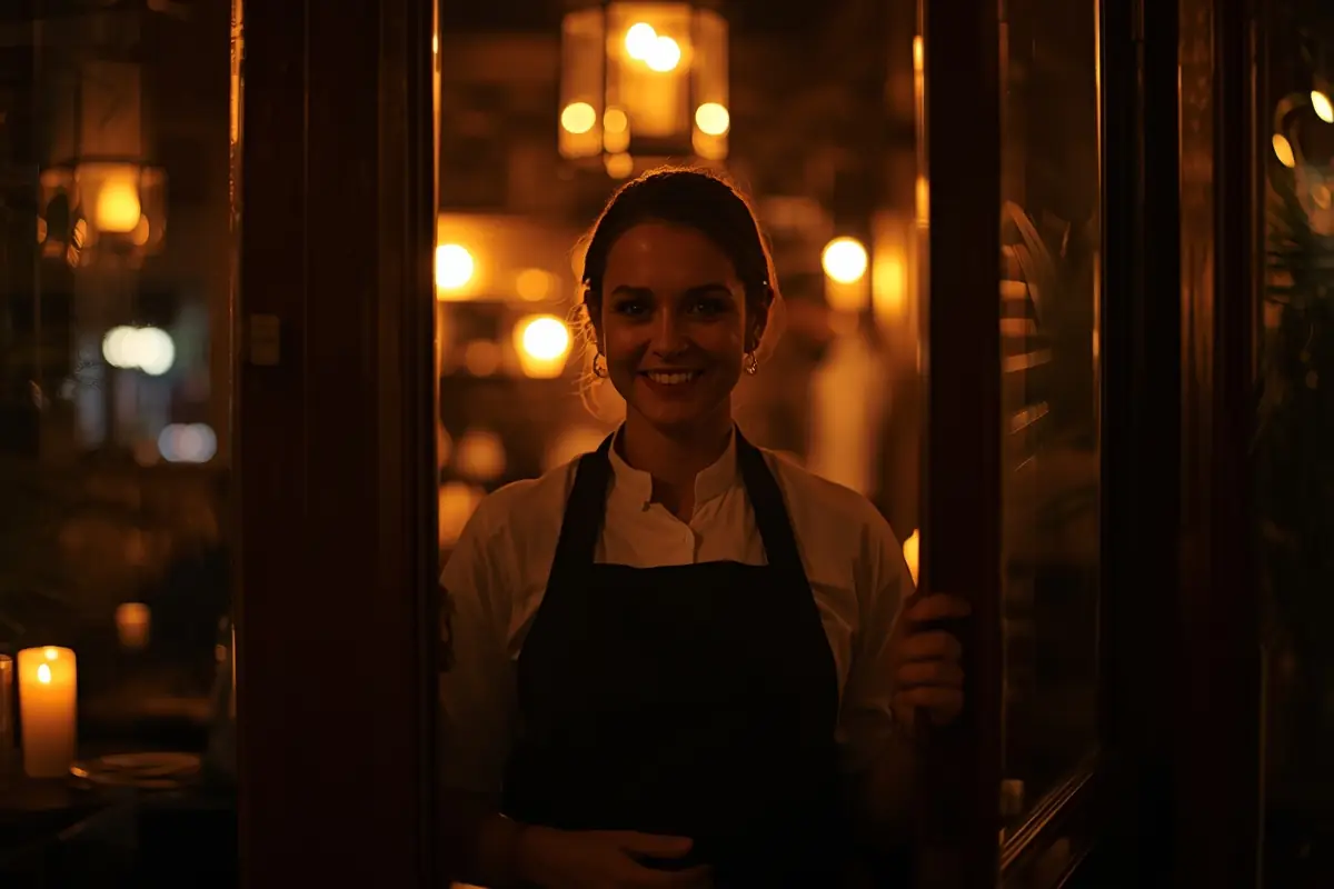 A restaurant host welcoming guests at the door