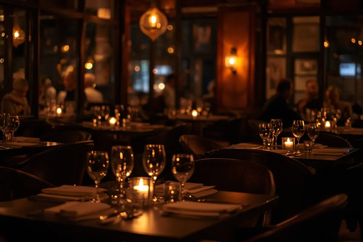 A candlelit restaurant dining room at night
