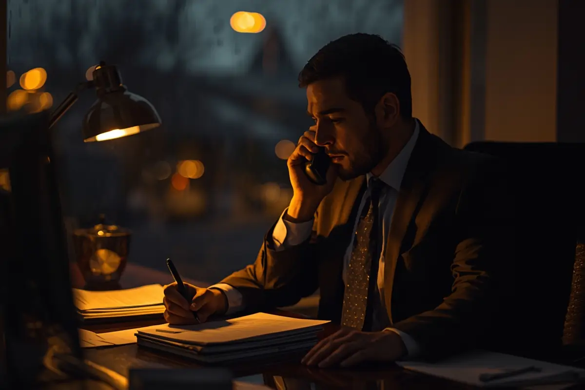 A claims officer on a phone call at an evening desk