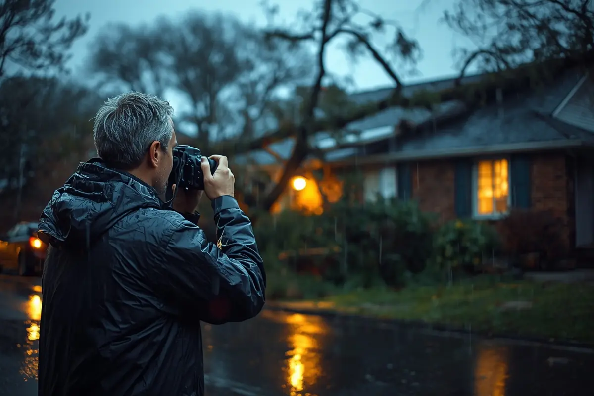 An assessor in a rain jacket photographing storm damage to a house