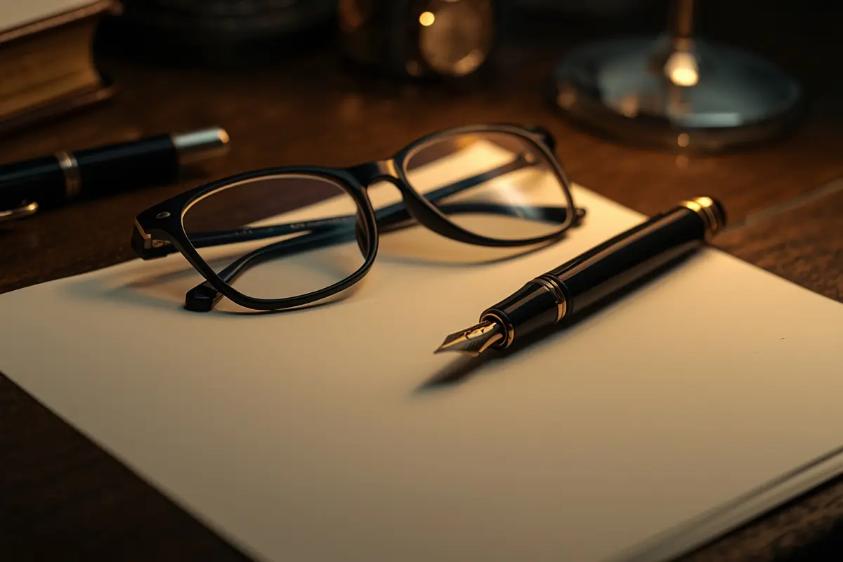 Reading glasses and a fountain pen on blank paper