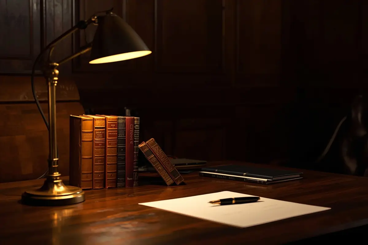 A lawyer’s desk at night with leather-bound books and a brass lamp