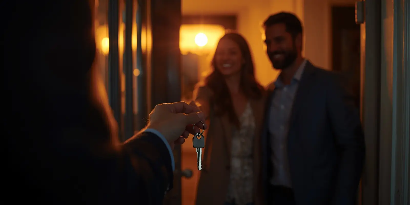 An agent handing house keys to a smiling couple at the front door