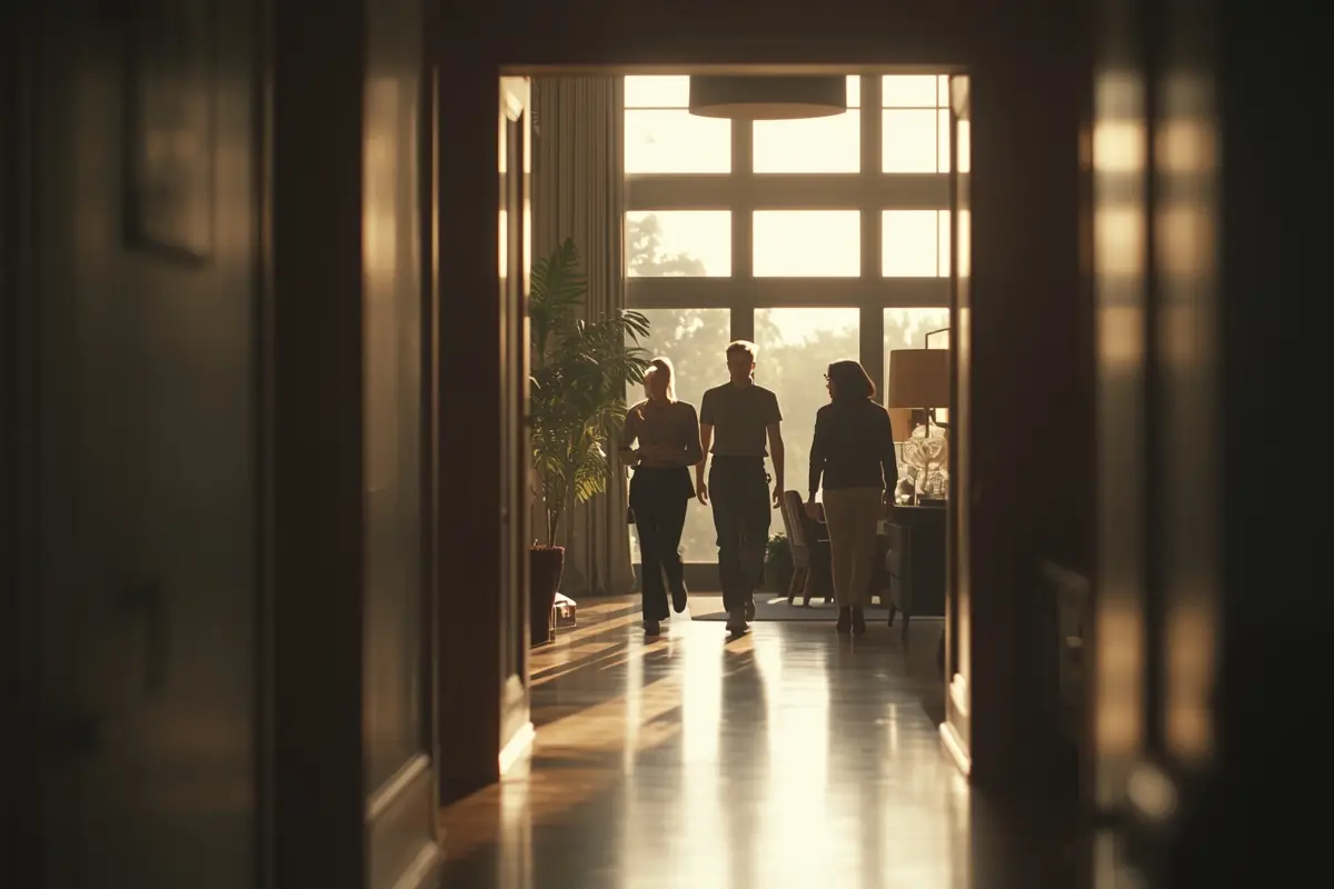 People walking through a bright living room at an open home