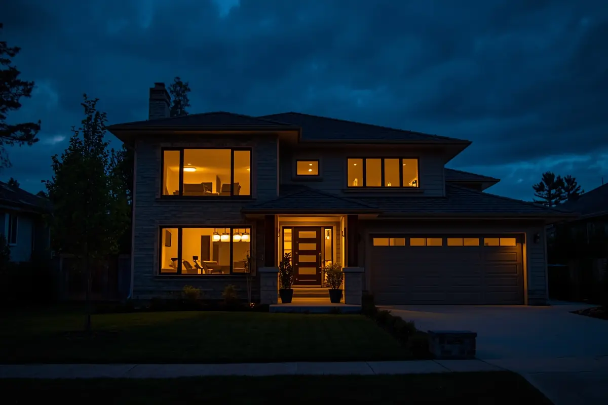 A modern family home at dusk with warm light in the windows